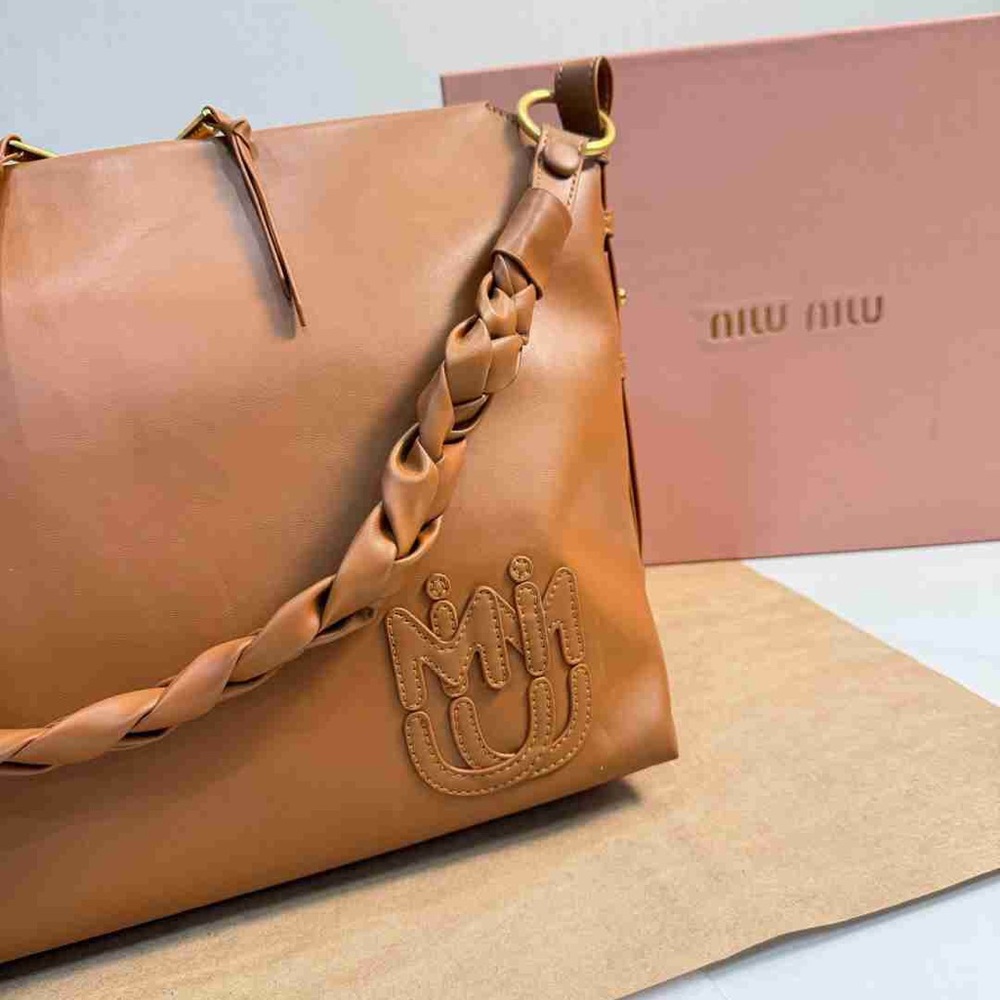 Miu Miu Embroidered Logo Brown Leather Shoulder Bag - Picture 6 of 9